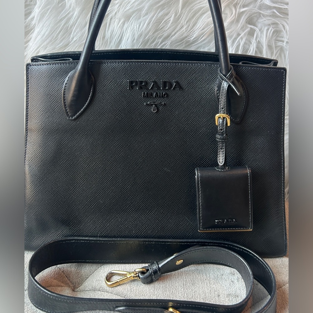 A PRADA Monochrome Bag in Matte Black on Black with original strap
